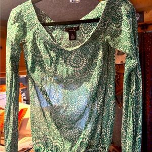 Arden B Luce  Green Floral Silk Sheer Off Shoulder Patterned Women's Blouse